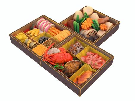 お正月や元旦の縁起物である三段おせち料理 おせち,お正月,料理,お重,縁起物,食品,食事のイラスト素材