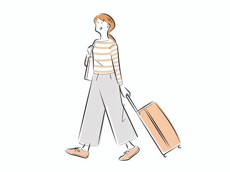 旅行する女性 人物,女性,全身,おでかけ,旅行,トラベル,出かける,外出,街歩き,観光のイラスト素材