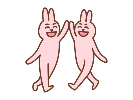 ハイタッチ　ウサギ　口開けVer ウサギ,いえーい,二匹,挿絵,ハイタッチ,喜ぶ,嬉しい,ハイテンション,やったー,タッチのイラスト素材