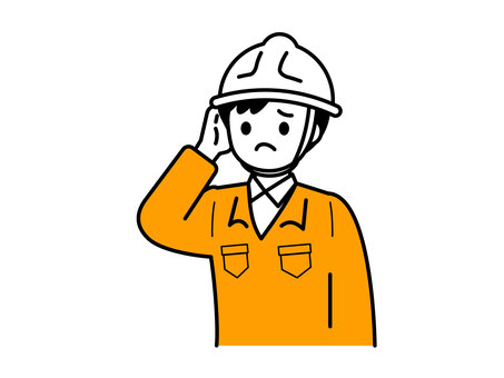 困り顔で頭をかく作業着の男性01 人物,男性,困惑,不安,疑問,確認,作業,作業着,作業員,ヘルメットのイラスト素材