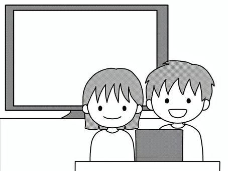 パワーポイントで発表する子　モノクロ パワーポイント,パソコン,男の子,女の子,授業,発表,小学生,学校,プレゼンのイラスト素材