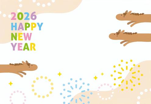 2026年午年かわいい年賀状、馬と花火 年賀状,馬,花火,午年,2026,2026年,正月,お正月,おしゃれ,手描きのイラスト素材
