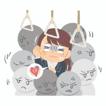 満員電車内の女性 満員電車,パニック障害,通勤,混雑,ストレス,不安,パニック,動悸,発汗,圧迫感のイラスト素材