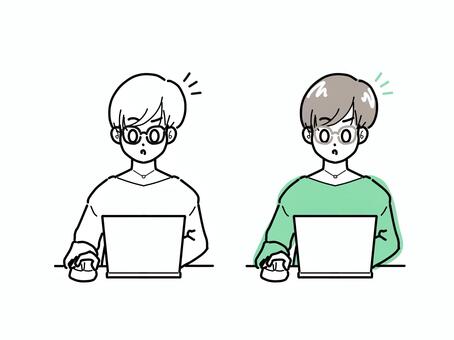 ショートヘアメガネ女子とパソコン業務 驚き,気づく,線画,ol,オフィスワーク,大人女子,ショートヘア,メガネ,メガネ女子,おしゃれのイラスト素材