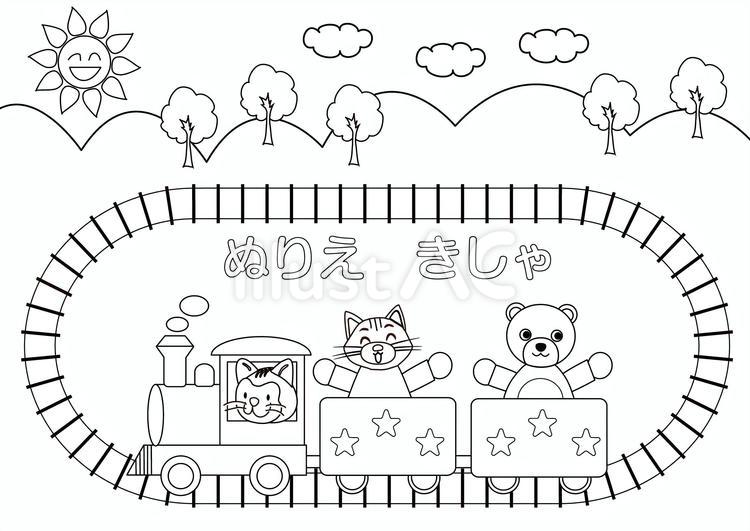 塗り絵・きかんしゃの中の動物たち・ ネコ 塗り絵,汽車,線路のイラスト素材