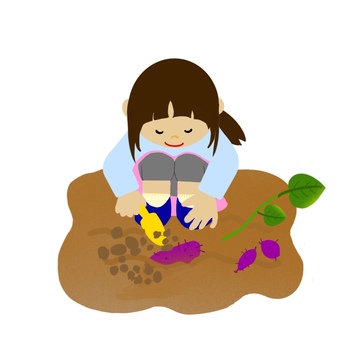 お芋ホリホリ　女の子　手描き さつまいも,芋掘り,女の子,収穫,掘る,シャベル,かわいい,手描きのイラスト素材