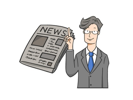 眼鏡の若手男性ビジネスマンと英字新聞 ビジネスマン,男性,若い,メガネ,英字新聞,フレッシュ,真面目,サラリーマン,スーツ,ネクタイのイラスト素材