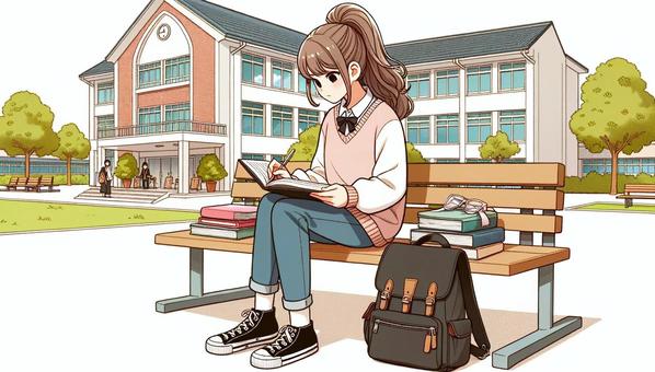 学校のベンチで勉強する女子学生