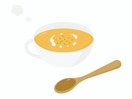 パンプキンスープと木製スプーン パンプキンスープ,スープ,パンプキン,かぼちゃ,野菜,温かい,食べ物,温まる,飲み物,スプーンのイラスト素材