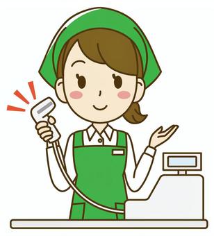 レジ係のスーパーの女性店員＿緑 レジ係,レジ,スーパー,店員,女性,エプロン,アルバイト,パート,かわいい,シンプルのイラスト素材