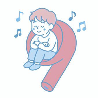 イヤホンの中でくつろぐ男の子 男の子,イヤホン,音楽,リラックス,座る,笑顔,想像,空想,シンプル,パステルのイラスト素材
