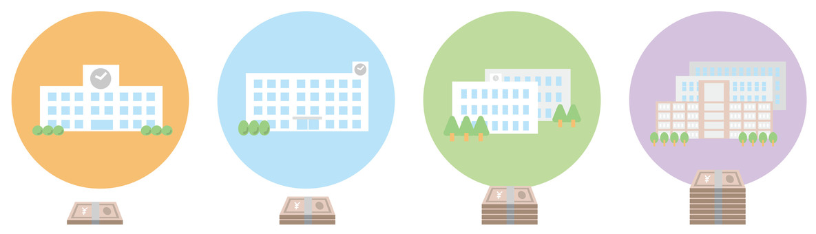 小学校中学校高校大学学費1 小学校,中学校,高校,大学,アイコン,かわいい,イラスト,丸,淡色,パステルのイラスト素材
