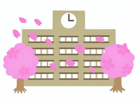 School building and cherry blossoms, , JPG, PNG and AI