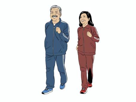 昭和のウォーキングをする老夫婦 昭和のウォーキングをする老夫婦 ウォーキング,男性,女性,老夫婦,全身,ジャージ,健康のイラスト素材
