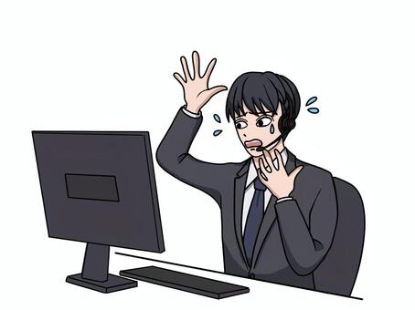 助けを求めるコールセンターのスーツ男性 コールセンター,パソコン,焦る,パニック,ヘッドセット,スーツ,デスクトップ,モニター,キーボード,男性のイラスト素材