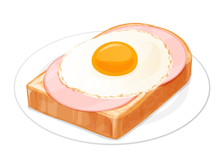 ハムエッグトースト トースト,ハム,目玉焼き,朝食,料理,食べ物,食パン,パン,卵,皿のイラスト素材