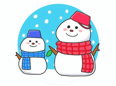 並んでいる雪だるまと冬 雪だるま,冬,雪,かわいい,笑顔,クリスマス,二人,マフラー,メルヘン,絵本のイラスト素材