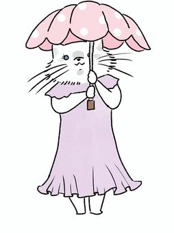 紫外線対策 日傘,紫外線対策,ワンピース,白猫,水玉のイラスト素材
