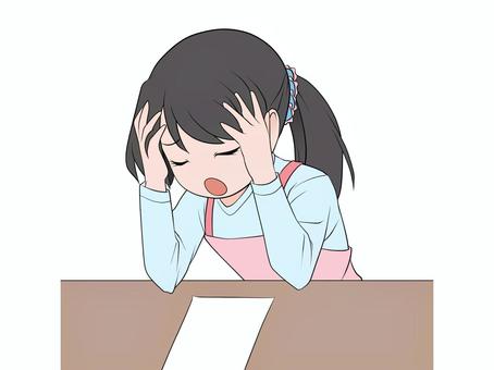 A bewildered young housewife holding her head in front of a piece of paper, , JPG and PNG