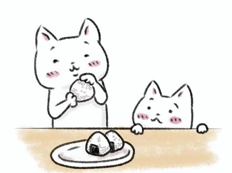 Illustration, muscles, white cat, breakfast, 