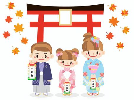 七五三　鳥居と紅葉 七五三,男の子,女の子,かわいい,カラフル,千歳飴,鳥居,紅葉,秋,11月のイラスト素材