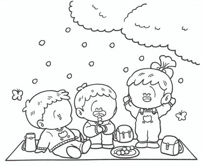 お花見の白黒手描きイラスト1 お花見,子ども,遠足,白黒,モノクロ,線画,春,桜,手描き,かわいいのイラスト素材