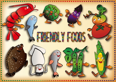 L-0149 デザイン：フーズフレンズ 食べ物,魚,鮮魚,刺身,海藻,新鮮,小魚,野菜,ベジタブル,涼のイラスト素材