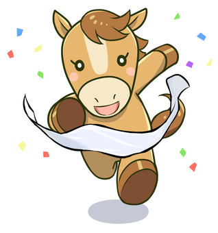 ゴールテープをきる可愛い馬のキャラクター 馬,午年,年賀状イラスト,2026年,ウマ,午,キャラクター,ゴール,ゴールテープ,紙吹雪のイラスト素材