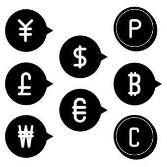 Currency icon set black, a balloon, speech balloon, circle, JPG and PNG