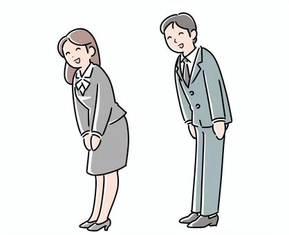 社会人あいさつ　男女 挨拶,社会人,男女,全身,笑顔,新人,おはよう,こんにちは,よろしく,ありがとうのイラスト素材