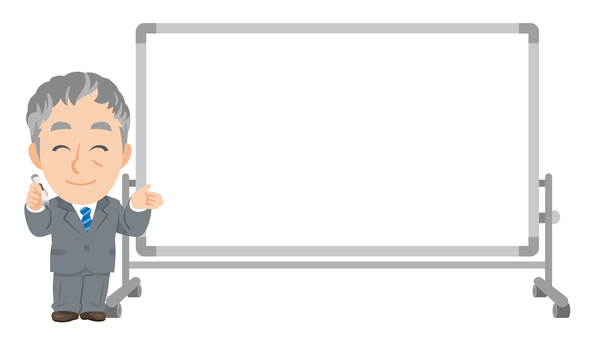 白板傍でペンと手で促す年配ビジネスマン② 先生,教師,教員,指導員,スーツ,仕事着,ビジネス,会社,社会人,促すのイラスト素材