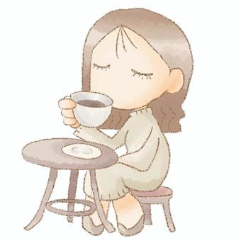 カフェで一息 カフェ,コーヒー,ココア,人物,ニットスカート,テーブル,イス,水彩,鉛筆のイラスト素材