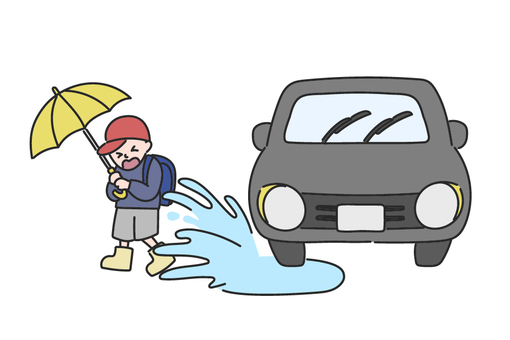 水しぶきを飛ばす車に困る小学生 車,運転,小学生,雨,通学,登下校,水たまり,傘,梅雨,子供のイラスト素材
