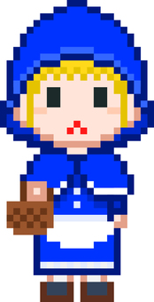 ドット絵の青ずきんの女性です。 ドット絵,赤ずきん,シンプル,童話,森,バスケット,花,道,ワンピース,フードのイラスト素材