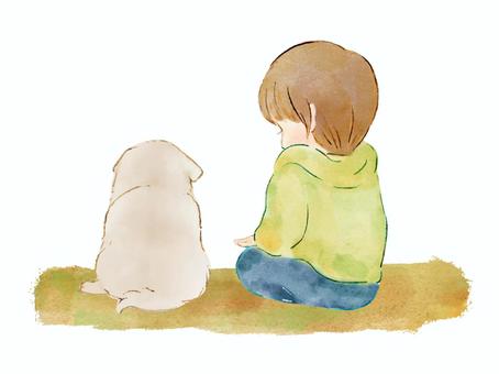 仲良く座る子供と子犬（水彩・絵本風） 子供,子犬,仲よし,かわいい,ほっこり,水彩,手描き,手書き,ベクター,絵本風のイラスト素材