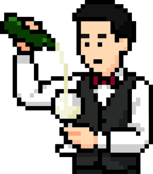 ドット絵のソムリエの淡い金ワイン注ぎです ドット絵,ソムリエ,ワイン,シンプル,注ぐ,サービス,グラス,エレガント,レストラン,シーンのイラスト素材