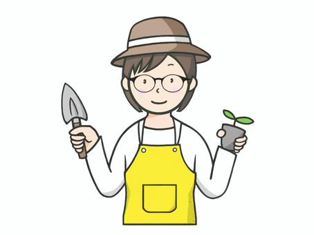 ガーデニングをする若い女性のイラスト ガーデニング,スコップ,趣味,植物,園芸,自然,土いじり,帽子,エプロン,ポットのイラスト素材