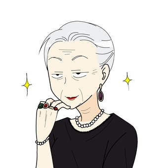 豪華な宝石を付けたご老人 人物,宝石,アクセサリー,真珠,ネックレス,指輪,金持ち,老人,老婆,白髪のイラスト素材