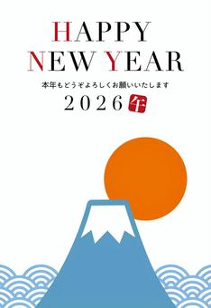 2026年午年の富士山年賀状/縦03 2026年,午年,令和八年,正月,富士山,年賀状,はがき,初日の出,背景,お正月のイラスト素材