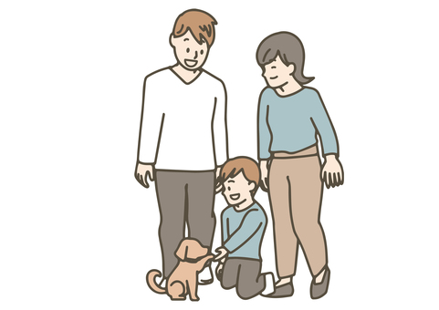 犬と戯れる家族のイラスト 家族,犬,ペット,動物,ファミリー,子供,夫婦,団欒,笑顔,ふれあいのイラスト素材