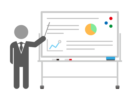 ホワイトボードとプレゼン人物 プレゼン,ホワイトボード,人物,解説,説明,データ,グラフ,授業,講座,先生のイラスト素材