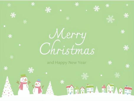 かわいい雪だるまと雪の街並みの背景 クリスマス,メリークリスマス,雪だるま,街,家,街並み,雪,雪の結晶,雪景色,冬のイラスト素材