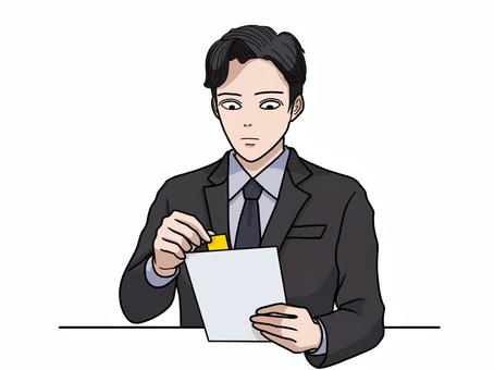 書類に付箋を貼るスーツ姿の男性 書類,付箋,資料,スーツ,男性,貼る,事務作業,事務,座る,チェックのイラスト素材