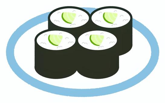 寿司(かっぱ巻き02) 寿司(かっぱ巻き02) かっぱ巻き,きゅうり,寿司,食べ物,和食,日本食,細巻き,皿,回転寿司のイラスト素材