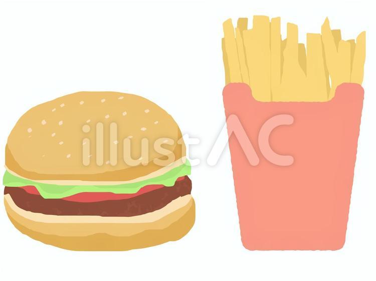 ハンバーガーとポテト　手書き風　イラスト ハンバーガー,フライドポテト,ジャンクフードのイラスト素材