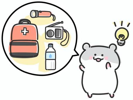 防災の準備について提案するハムスター 防災,吹き出し,考える,提案,準備,備える,防災グッズ,懐中電灯,ラジオ,水のイラスト素材