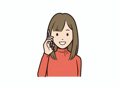 スマホで通話する笑顔のニットセーター女性 電話,スマホ,スマートフォン,携帯電話,通話,話す,ニット,セーター,カジュアル,冬服のイラスト素材