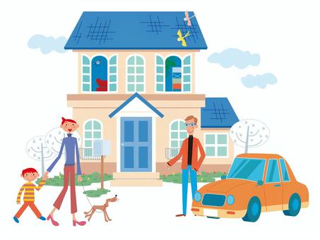 幸せな家族 家,家族,パパ,ママ,子ども,犬,自動車,木,緑,雲のイラスト素材