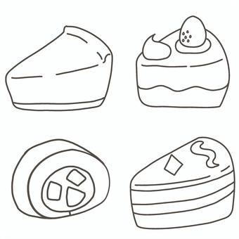 ケーキのイラストセット（線画） 食べ物,スイーツ,おやつ,甘いもの,ケーキ,種類,セット,チーズケーキ,ショートケーキ,ロールケーキのイラスト素材