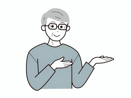 両手でどうぞとするシニア男性2／カラー 上半身,長袖,両手,どうぞ,お勧め,おじいさん,老人,高齢者,シニア,眼鏡のイラスト素材